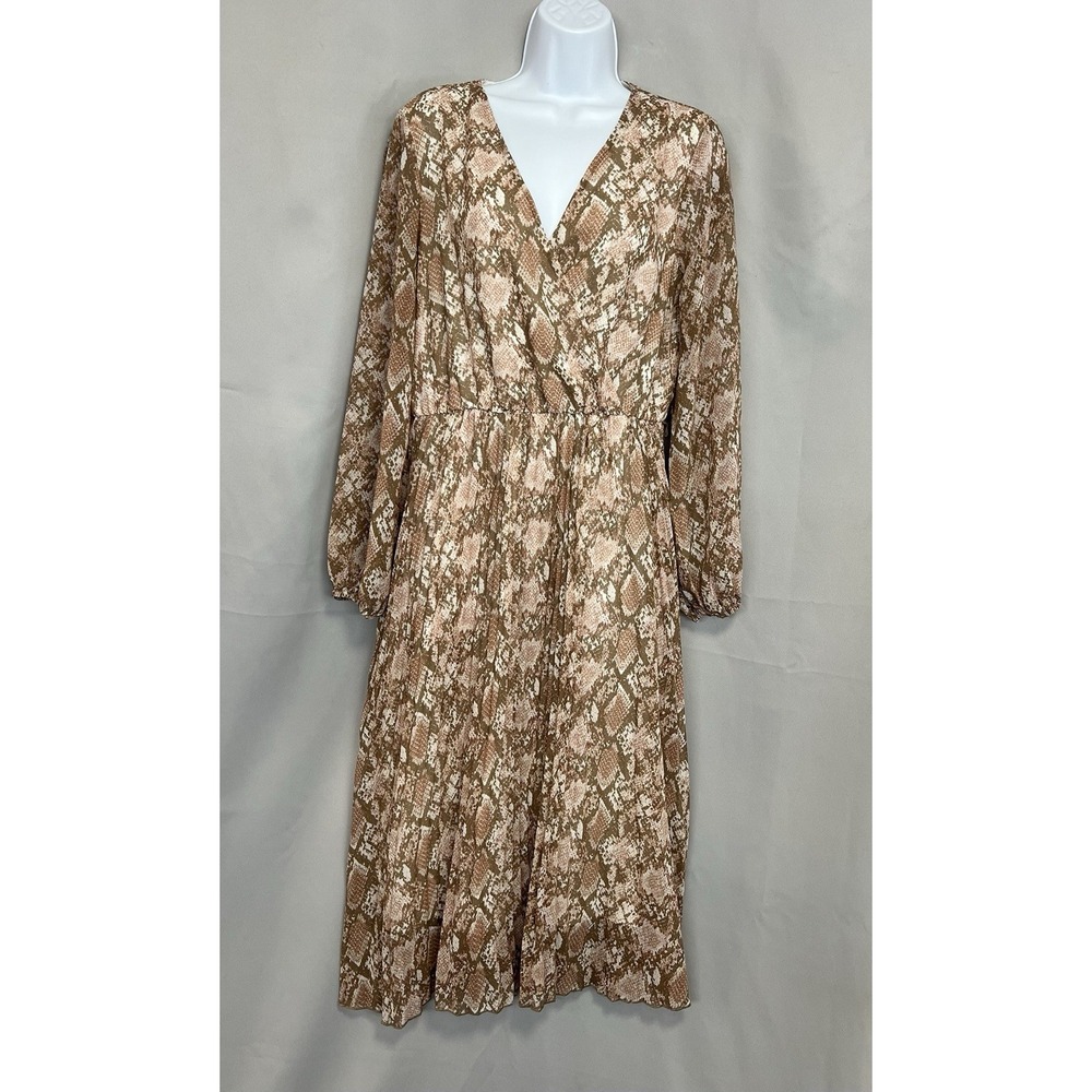 June & Judson Pleated Animal Printed Midi Dress False Wrap Long Sleeves 1X